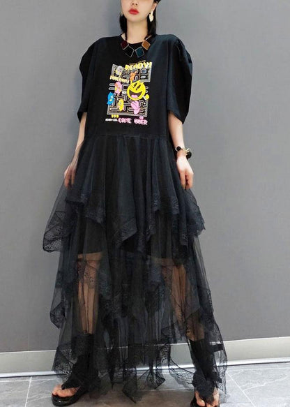 Plus Size Black O-Neck Print Half Sleeve Fall Dresses - SooLinen