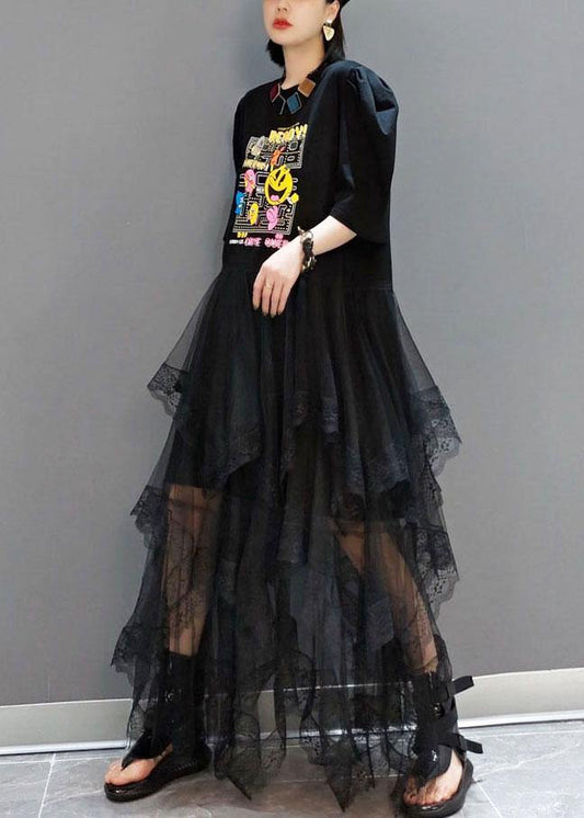 Plus Size Black O-Neck Print Half Sleeve Fall Dresses - SooLinen