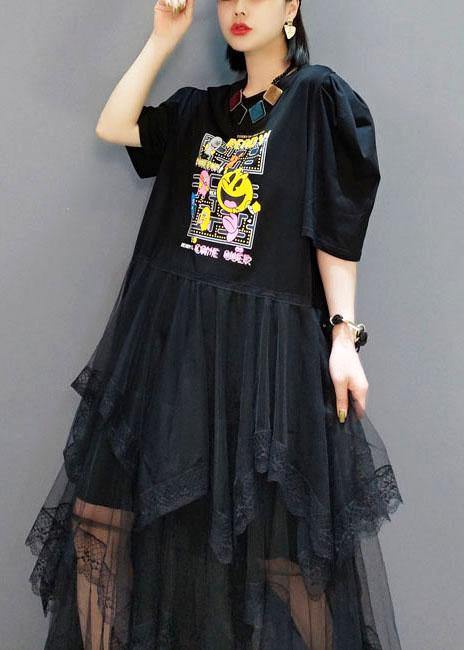 Plus Size Black O-Neck Print Half Sleeve Fall Dresses - SooLinen