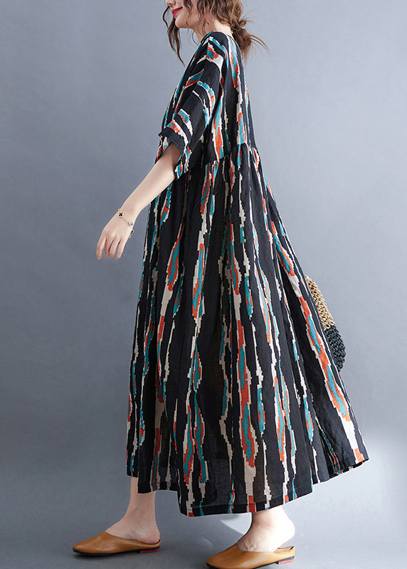 Plus Size Schwarzes O-Ausschnitt-Print Lange Kleider Halbarm