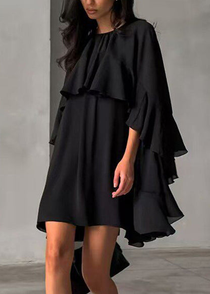 Plus Size Black O-Neck Ruffled Solid Mid Dress Half Sleeve