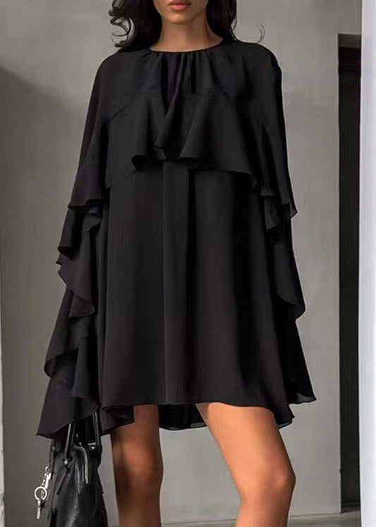 Plus Size Black O-Neck Ruffled Solid Mid Dress Half Sleeve