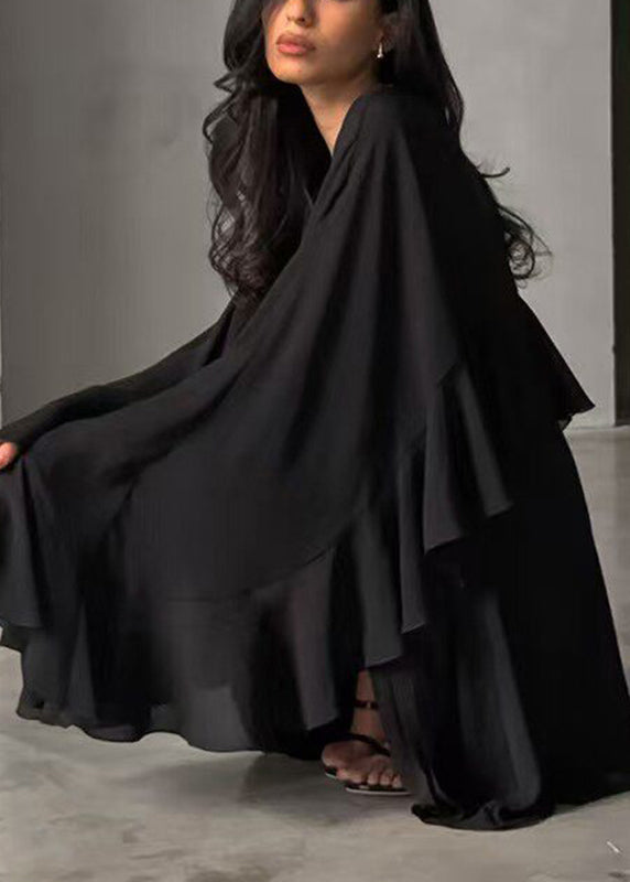 Plus Size Black O-Neck Ruffled Solid Mid Dress Half Sleeve
