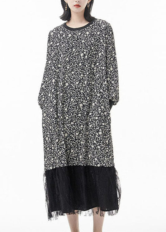 Plus Size Schwarz O-Ausschnitt Print Tüll Patchwork Seide Partykleid Frühling