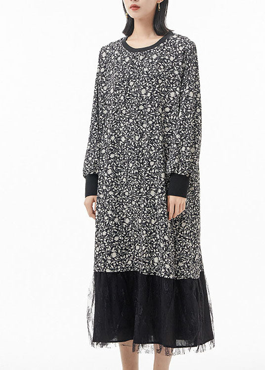 Plus Size Schwarz O-Ausschnitt Print Tüll Patchwork Seide Partykleid Frühling