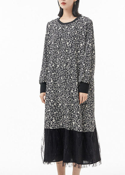 Plus Size Schwarz O-Ausschnitt Print Tüll Patchwork Seide Partykleid Frühling