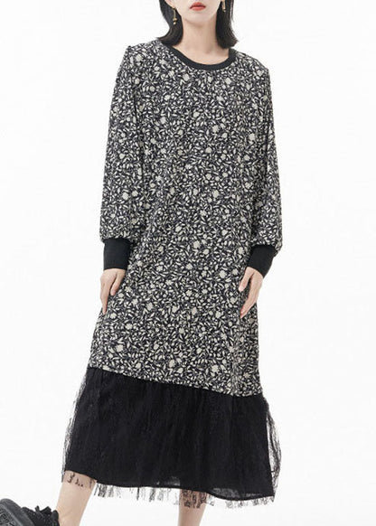 Plus Size Schwarz O-Ausschnitt Print Tüll Patchwork Seide Partykleid Frühling