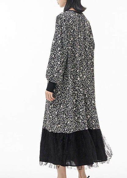 Plus Size Schwarz O-Ausschnitt Print Tüll Patchwork Seide Partykleid Frühling