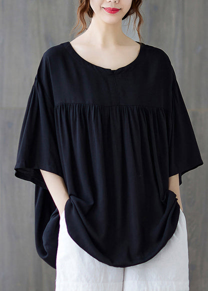 Plus Size Schwarzes Tanktop aus zerknitterter Baumwolle mit Rundhalsausschnitt und halben Ärmeln