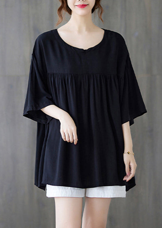 Plus Size Schwarzes Tanktop aus zerknitterter Baumwolle mit Rundhalsausschnitt und halben Ärmeln