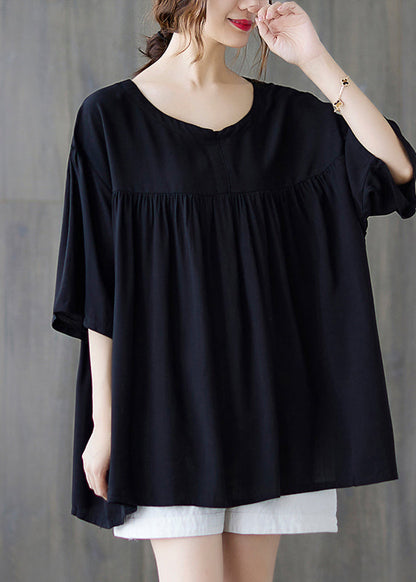 Plus Size Schwarzes Tanktop aus zerknitterter Baumwolle mit Rundhalsausschnitt und halben Ärmeln