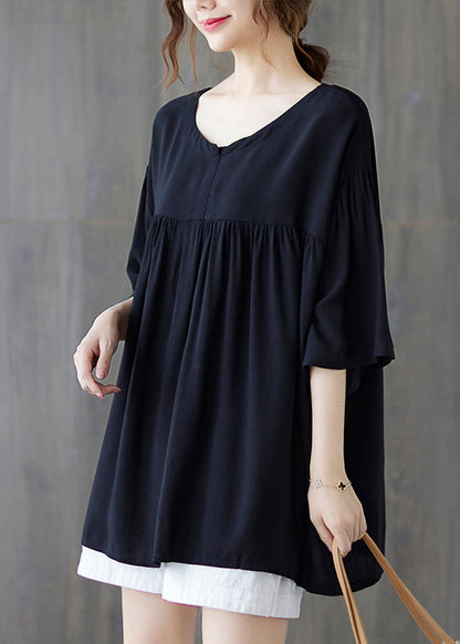 Plus Size Schwarzes Tanktop aus zerknitterter Baumwolle mit Rundhalsausschnitt und halben Ärmeln