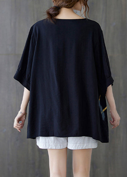 Plus Size Schwarzes Tanktop aus zerknitterter Baumwolle mit Rundhalsausschnitt und halben Ärmeln