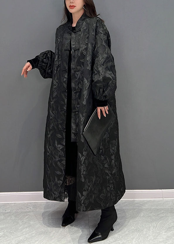 Plus Size Schwarz Oriental Button Jacquard Spandex Mäntel Herbst