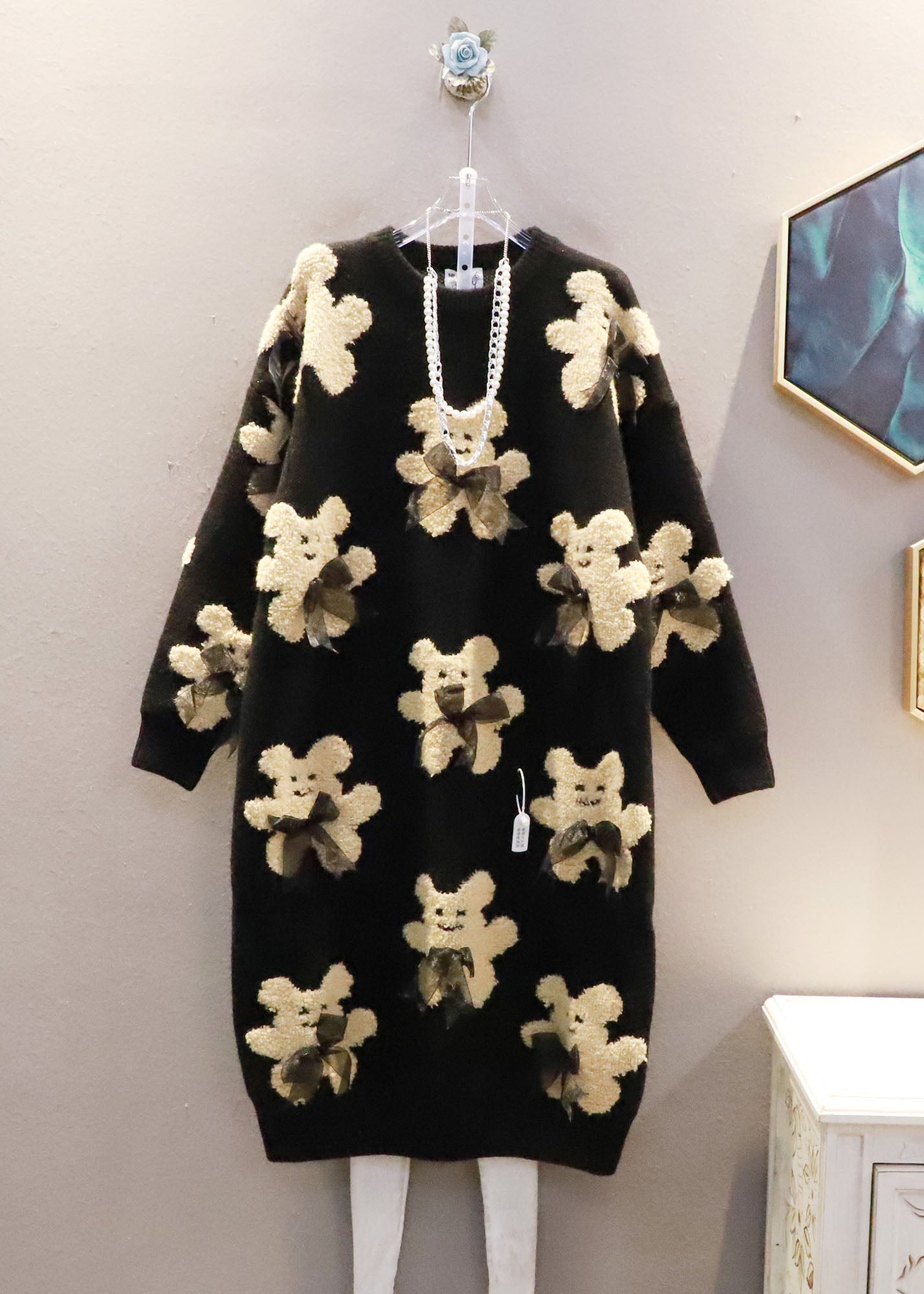 Plus Size Schwarz Oversized Bow Bear Jacquard Strick Langer Pullover Winter