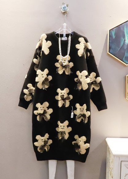 Plus Size Schwarz Oversized Bow Bear Jacquard Strick Langer Pullover Winter
