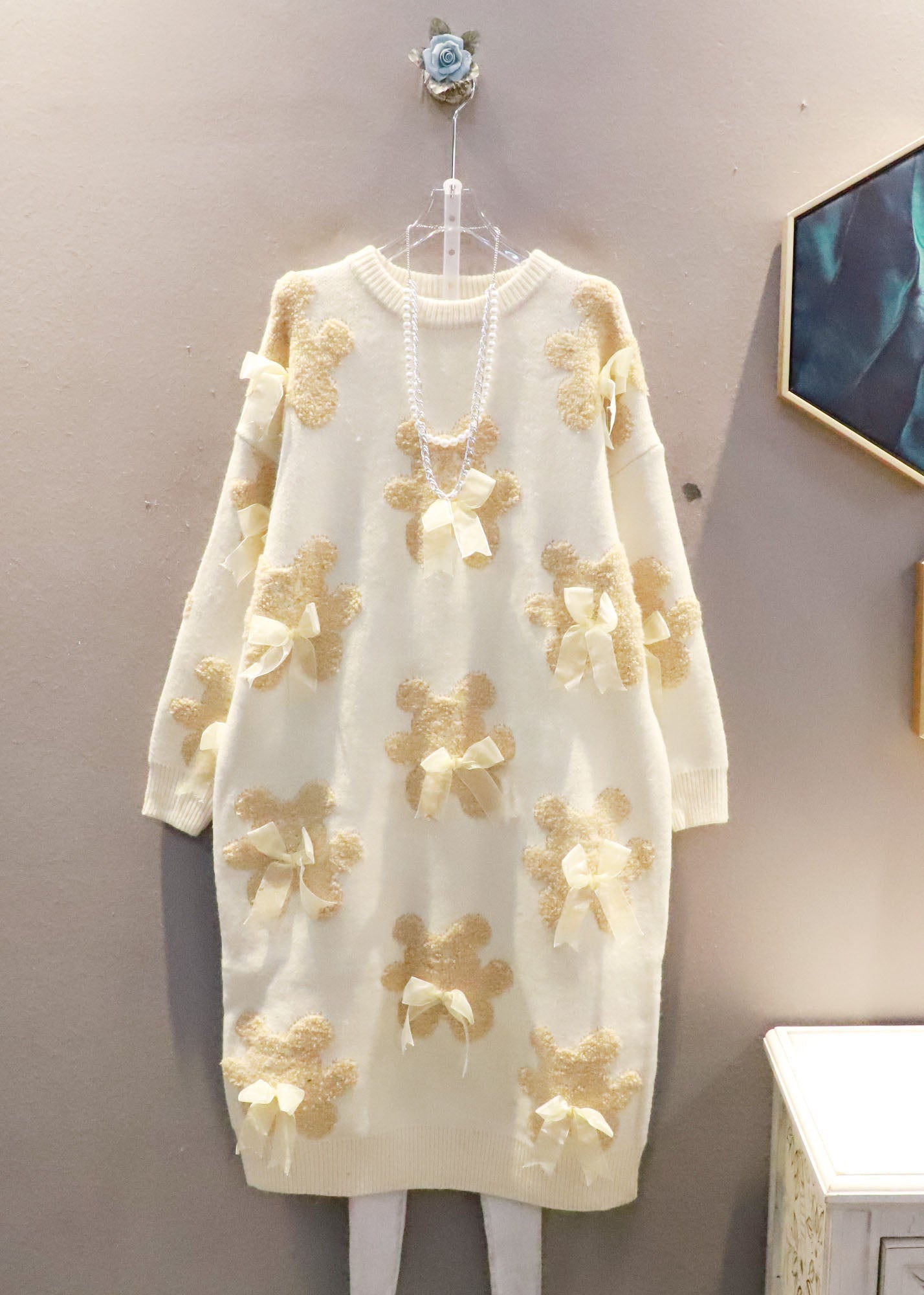 Plus Size Schwarz Oversized Bow Bear Jacquard Strick Langer Pullover Winter