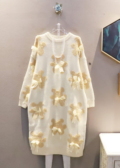 Plus Size Schwarz Oversized Bow Bear Jacquard Strick Langer Pullover Winter