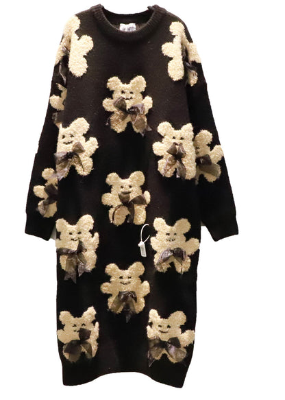 Plus Size Schwarz Oversized Bow Bear Jacquard Strick Langer Pullover Winter
