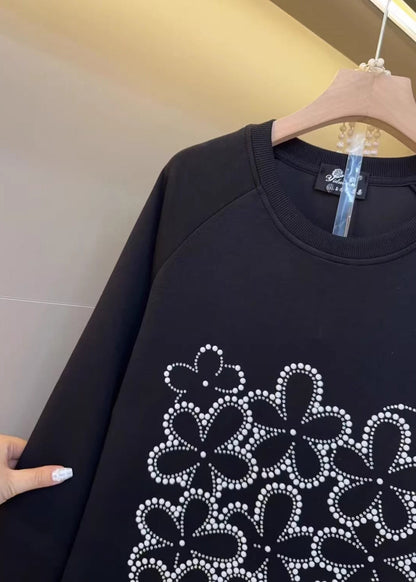 Sudadera de algodón con parches extragrandes y negra de talla grande para primavera