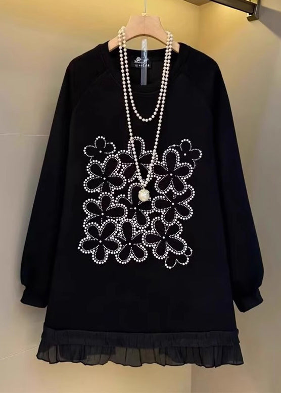 Sudadera de algodón con parches extragrandes y negra de talla grande para primavera