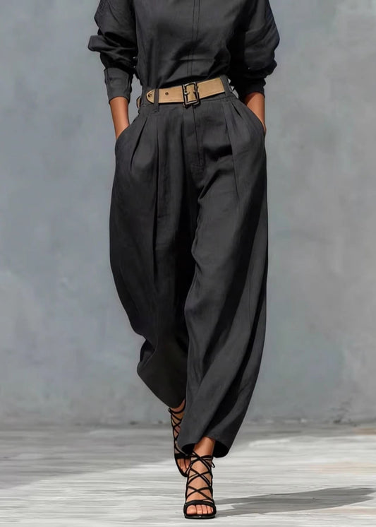 Plus Size Black Oversized Pockets Linen Jumpsuits Pants Fall
