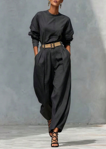 Plus Size Black Oversized Pockets Linen Jumpsuits Pants Fall