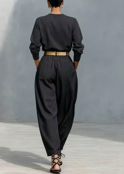Plus Size Black Oversized Pockets Linen Jumpsuits Pants Fall