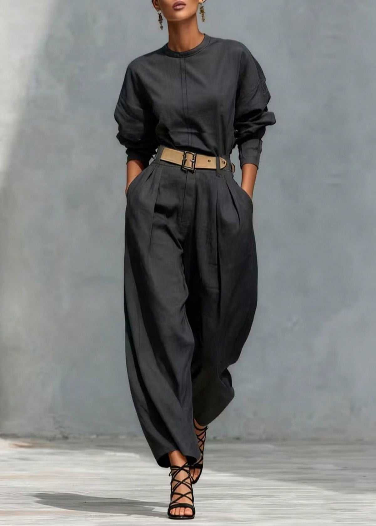 Plus Size Black Oversized Pockets Linen Jumpsuits Pants Fall