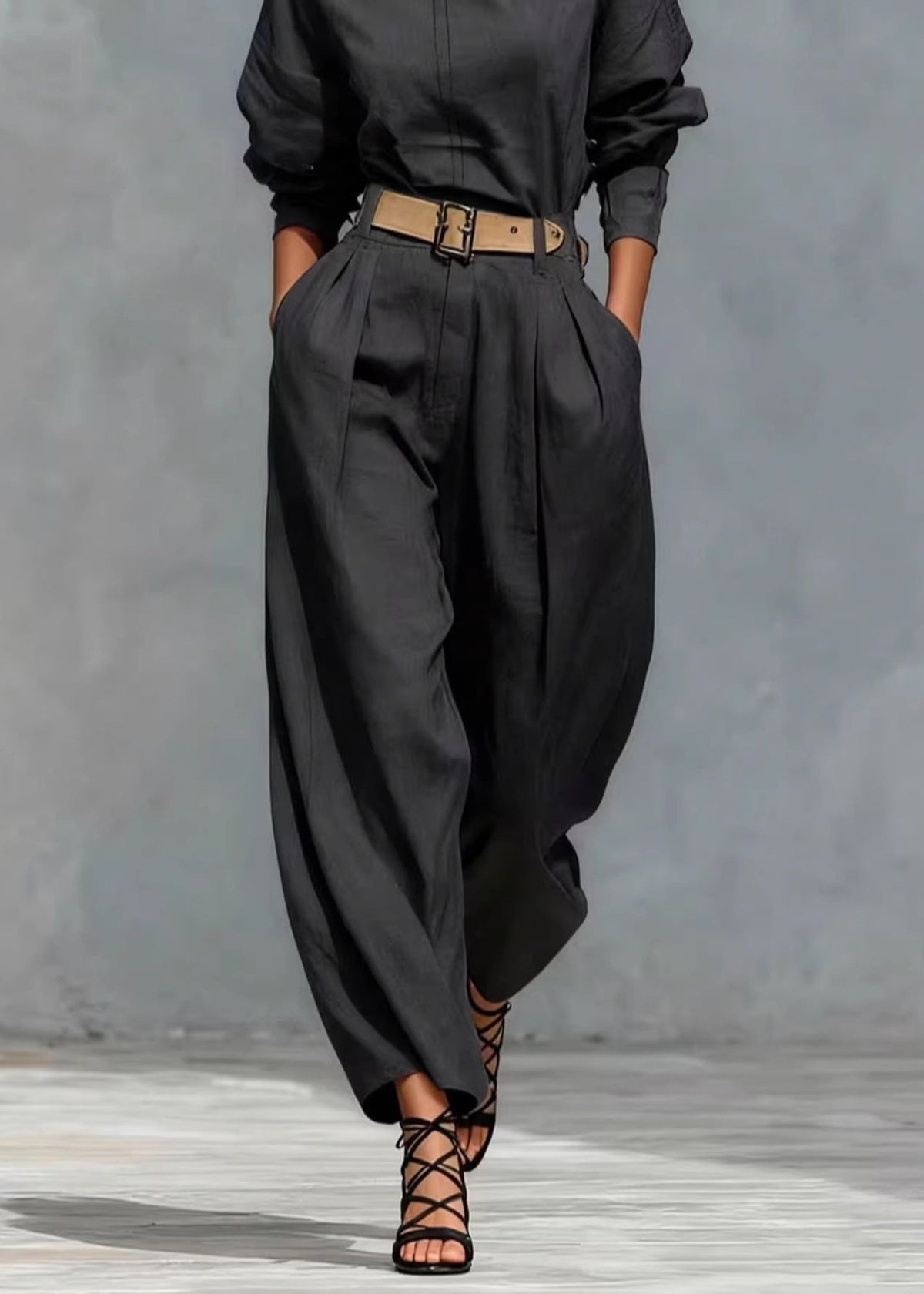 Plus Size Black Oversized Pockets Linen Jumpsuits Pants Fall