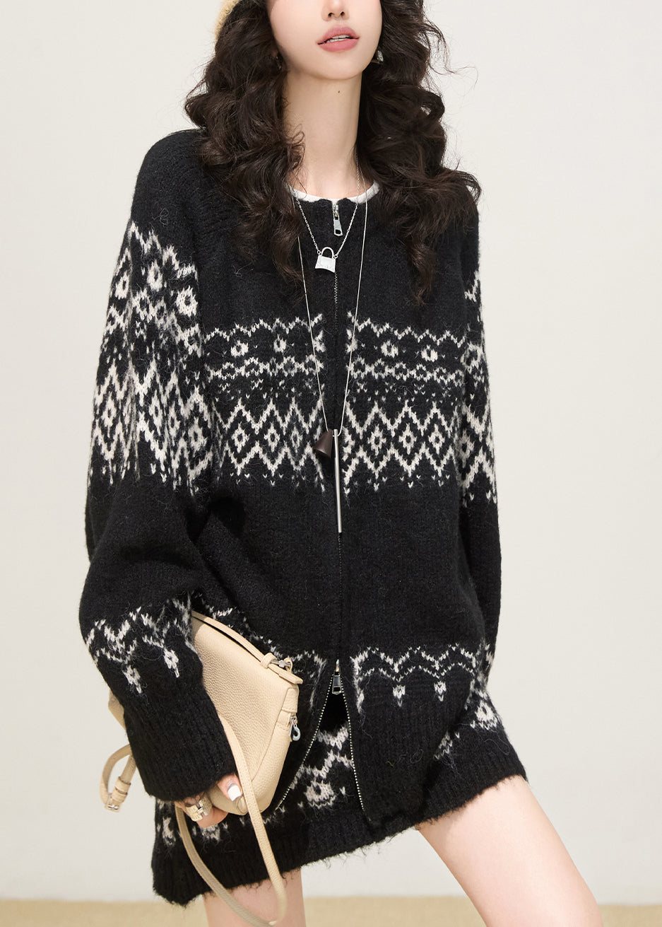 Schwarzes Oversize-Strick-Zweiteiler-Set mit Print in Übergröße für Damen, Frühlingsmode