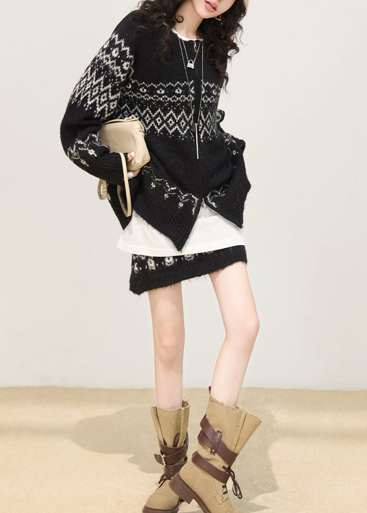 Schwarzes Oversize-Strick-Zweiteiler-Set mit Print in Übergröße für Damen, Frühlingsmode