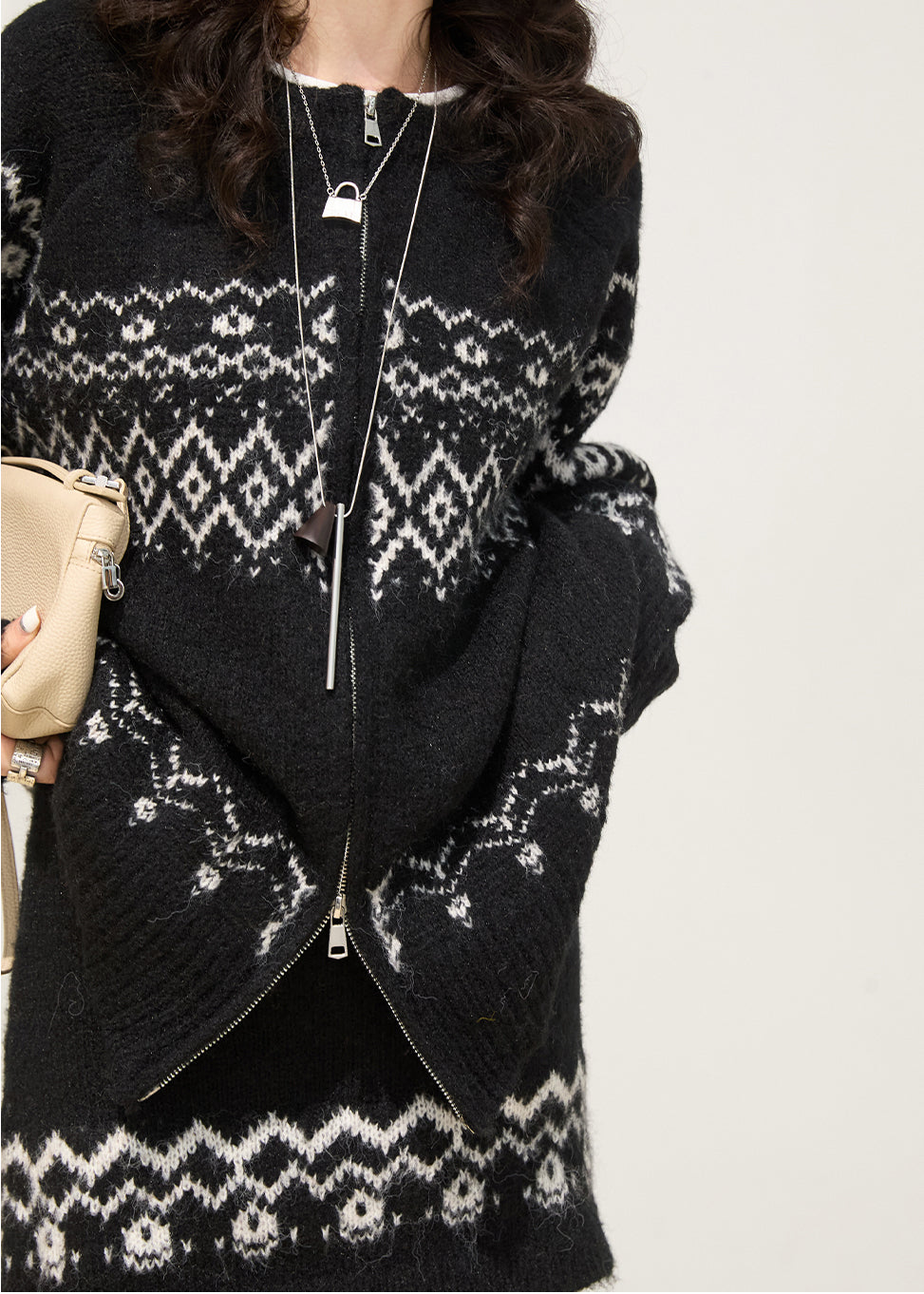 Schwarzes Oversize-Strick-Zweiteiler-Set mit Print in Übergröße für Damen, Frühlingsmode