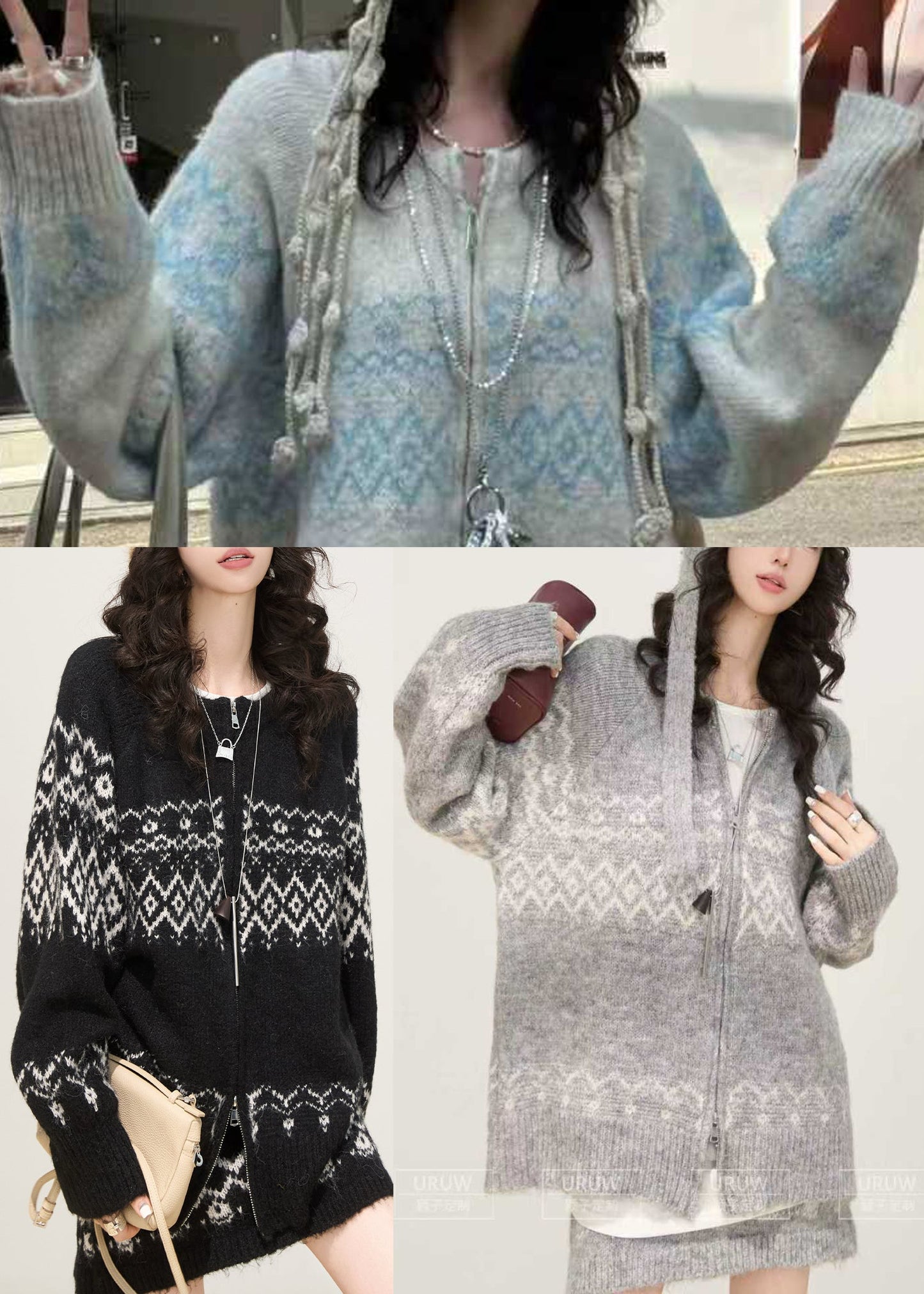 Schwarzes Oversize-Strick-Zweiteiler-Set mit Print in Übergröße für Damen, Frühlingsmode