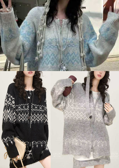 Schwarzes Oversize-Strick-Zweiteiler-Set mit Print in Übergröße für Damen, Frühlingsmode