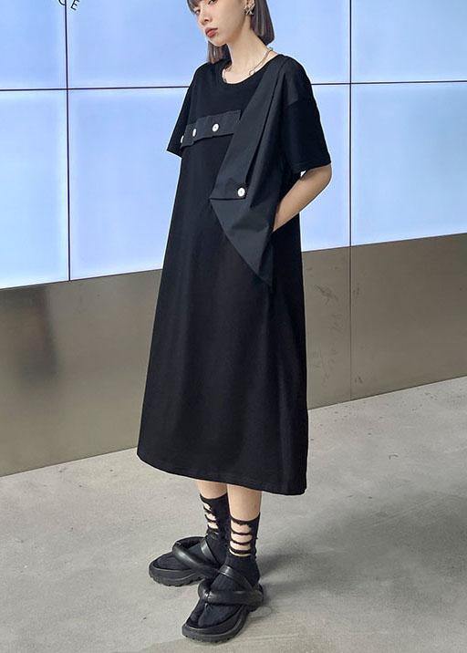 Plus Size Black Patchwork Button Pockets Summer Vacation Dresses - SooLinen