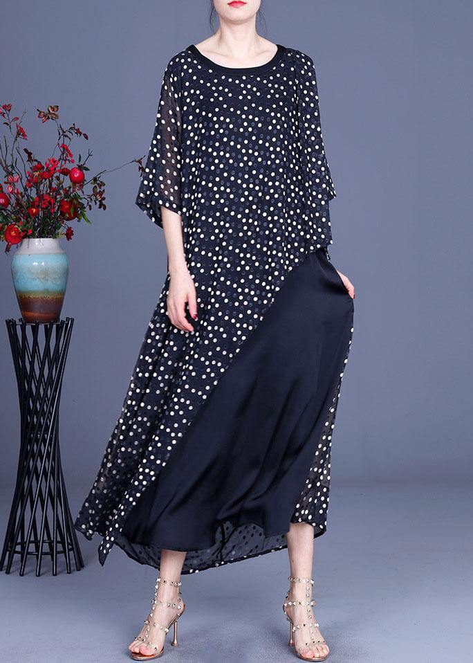 Plus Size Black Patchwork Dot Summer Silk Sundress Half Sleeve - SooLinen