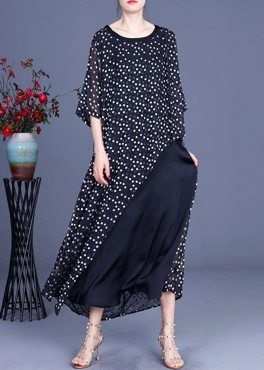 Plus Size Black Patchwork Dot Summer Silk Sundress Half Sleeve - SooLinen