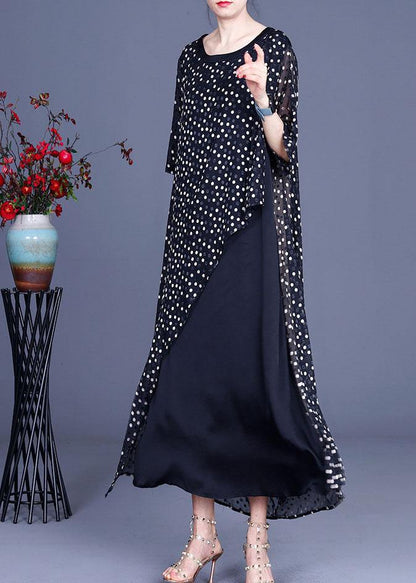 Plus Size Black Patchwork Dot Summer Silk Sundress Half Sleeve - SooLinen