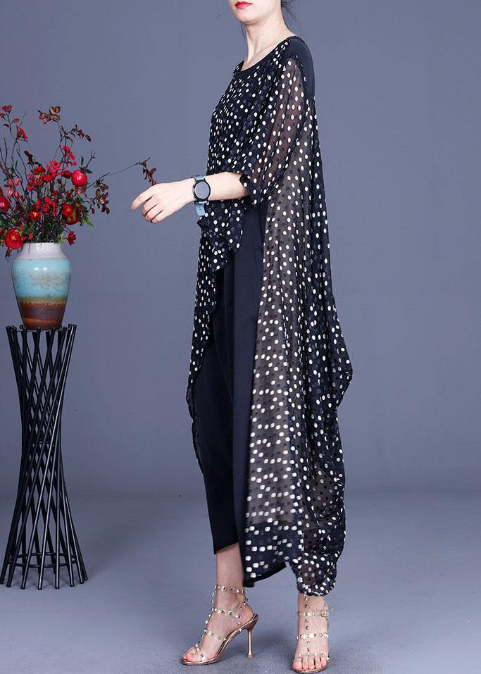 Plus Size Black Patchwork Dot Summer Silk Sundress Half Sleeve - SooLinen