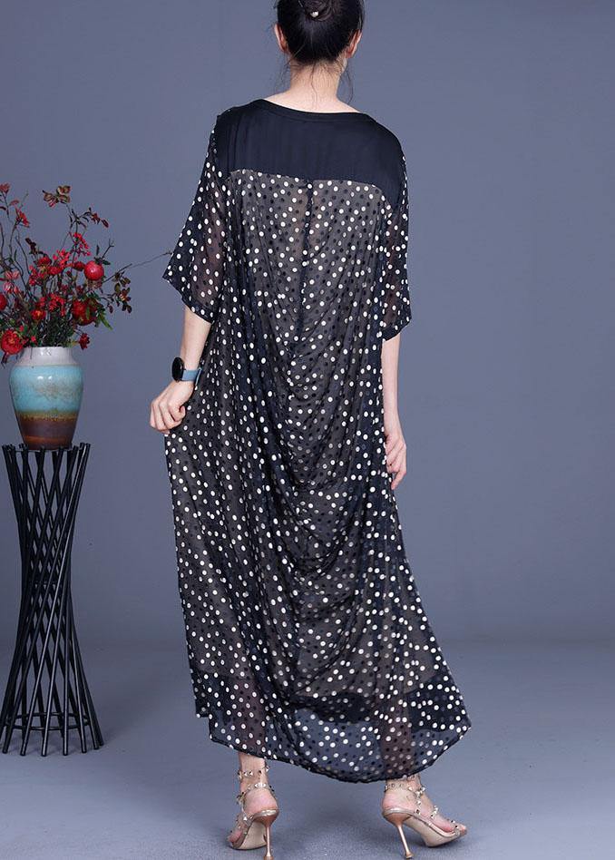 Plus Size Black Patchwork Dot Summer Silk Sundress Half Sleeve - SooLinen