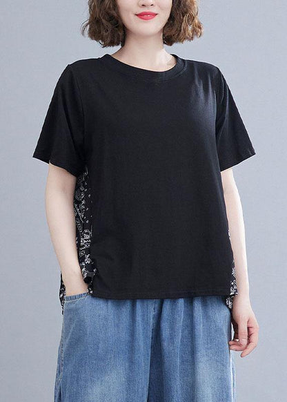 Plus Size Black Patchwork Print O-Neck Cotton Tops Summer - SooLinen