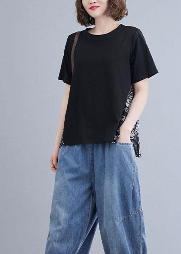 Plus Size Black Patchwork Print O-Neck Cotton Tops Summer - SooLinen