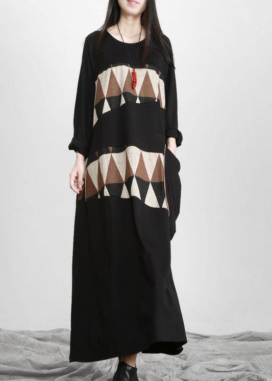 Plus Size Black Patchwork Print Pockets Asymmetrical Design Maxi Dress Fall - SooLinen