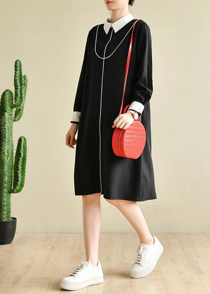 Plus Size Black Peter Pan Collar  Button Spring Long Dresses - SooLinen