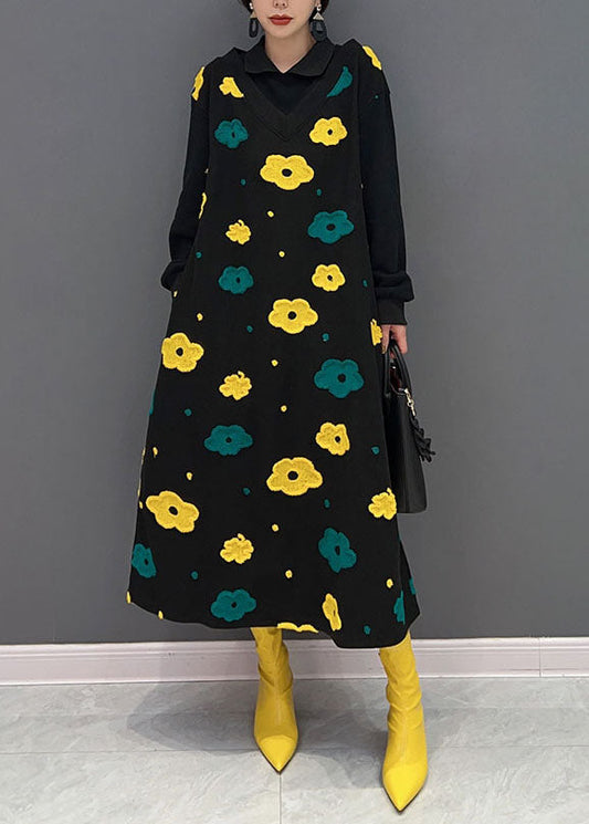 Plus Size Schwarz Peter Pan Kragen Patchwork Print Baumwolle Fake Zweiteiliges Kleid Frühling