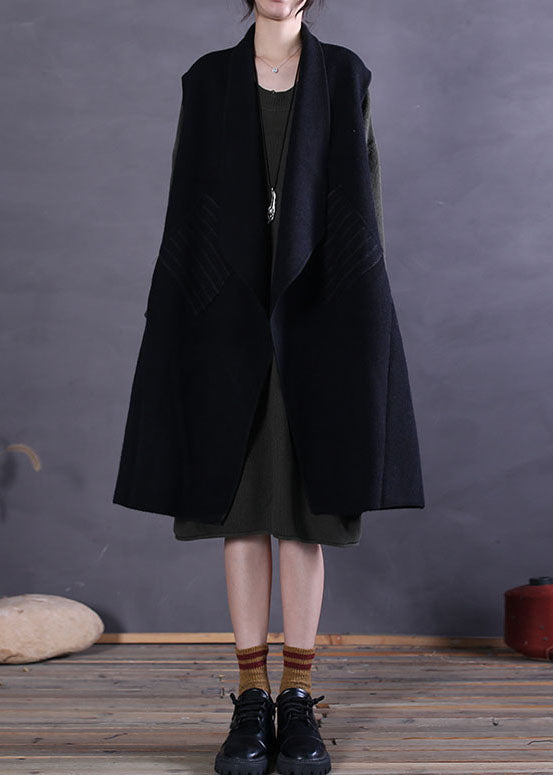 Plus Size Schwarze Peter Pan Kragen Patchwork Wolltanks Ärmellos