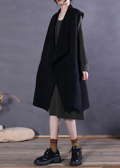 Plus Size Schwarze Peter Pan Kragen Patchwork Wolltanks Ärmellos