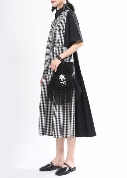 Plus Size Black Peter Pan Collar Plaid Summer Cotton Dress - SooLinen