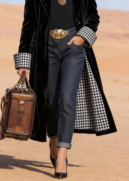 Plus Size Black Peter Pan Collar Pockets Velvet Trench Spring